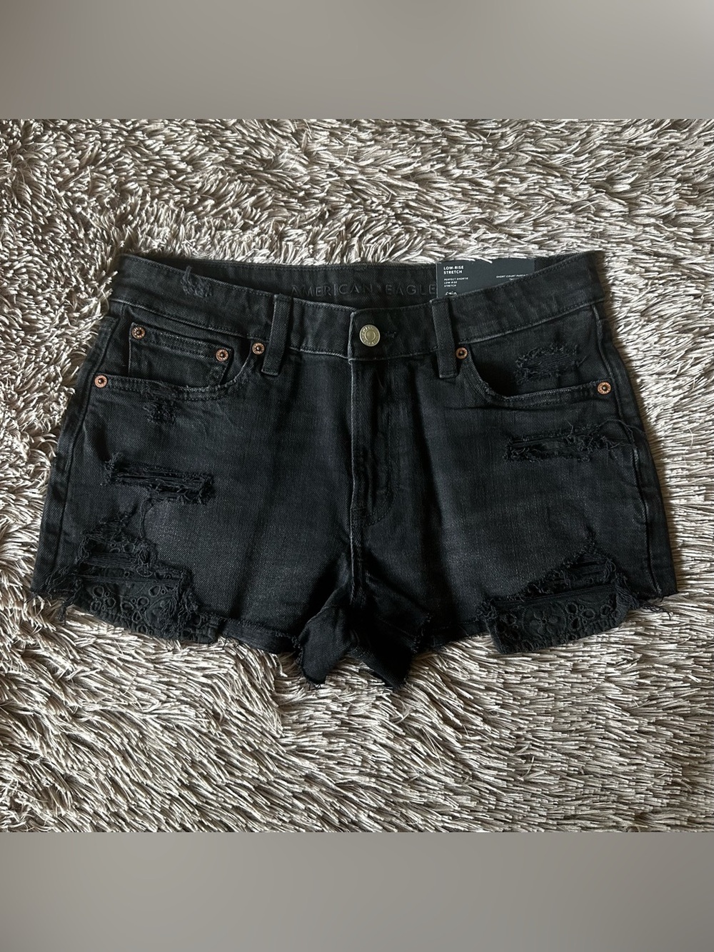 American Eagle Outfitters Black Distressed Lace-Trim Denim Shorts